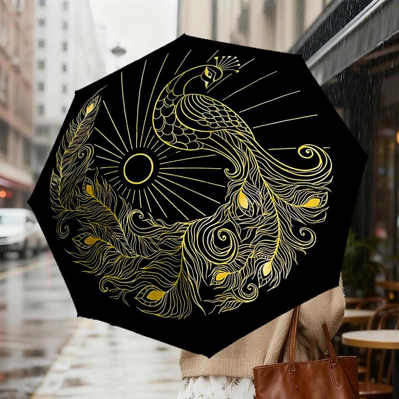1pc Peacock Feather Automatic Folding Umbrella 8 Rib Iron Frame,  Suitable for Travel, Daily Use, Birthday, Women & Men Gift C1231048
