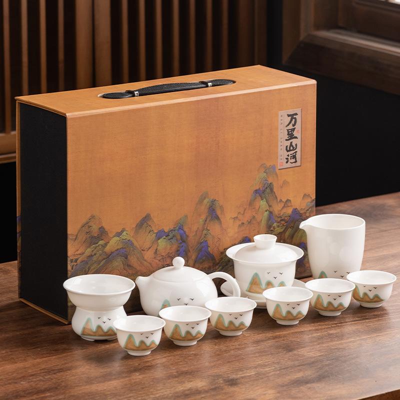 Talgjade Porzellan Kung Fu Tee-Set Deckelschale Teetasse Teekanne Geschäftsgeschenk 11-teiliges Set für leitenden Lehrer Vater