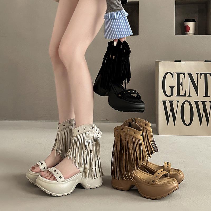 Fashion Women Platform Sandals Trend Roman Wedge Sandals Lady Cutout Booties Straw Stud Zipper Tassel Open Toe Cool Boots Sandalias Muje