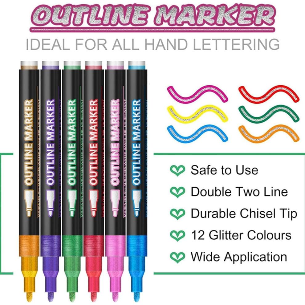 Traumhafter Glanz Dual-Line Konturenstift Set – Metallischer Umrissmarker, 2–3 mm Spitze, Schnelltrocknende Ungiftige Tinte für Kunst, Karten & DIY-Bastelarbeiten