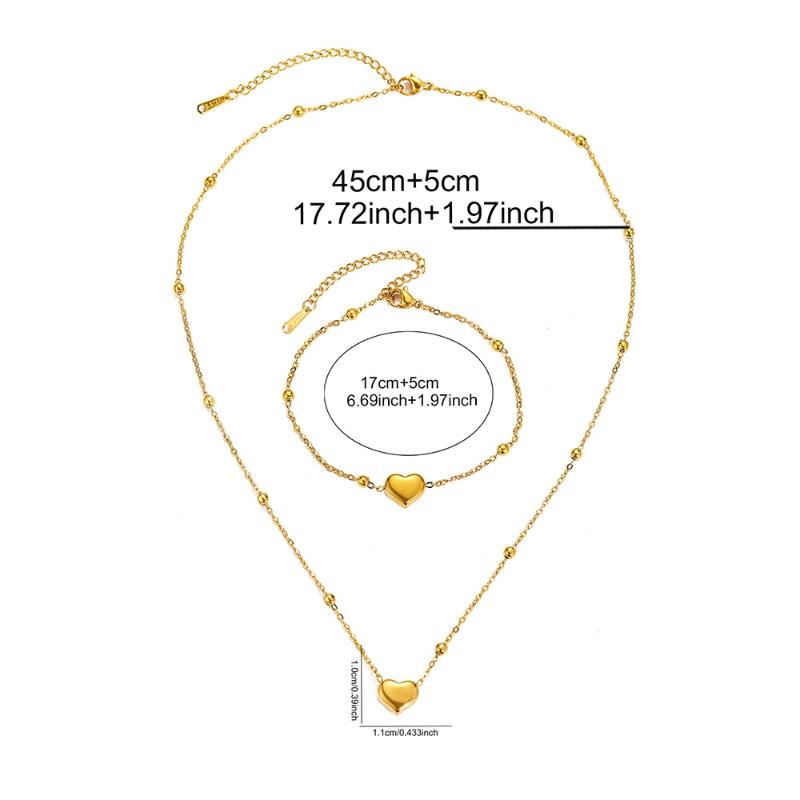 Stainless Steel Gold Color Heart Love Chain Necklace Bracelets Earrings For Women Girl   Non-Fading Jewelry Set