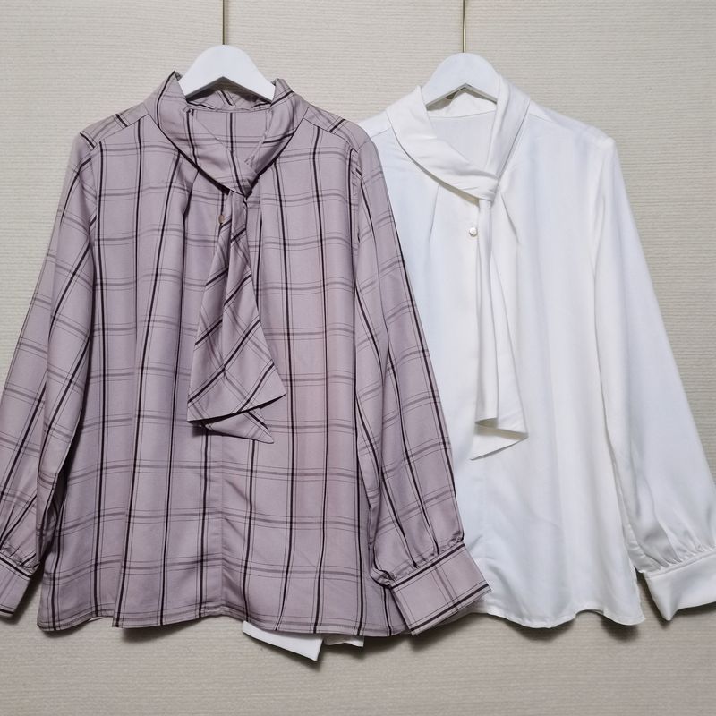 Foreign Trade Original Order Artsy Retro Plaid Shirt Women's Work Clothing Chic Ribbon Stand Collar Pullover Long Sleeves Tops Spring and Autumn