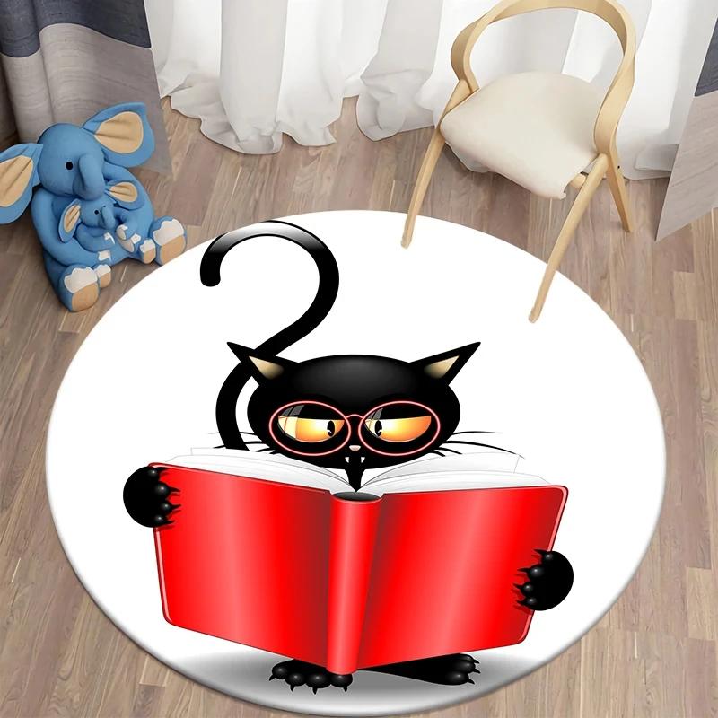 Black Cat Round Carpet Kawaii Cartoon Animal Print Rug for Living Room Bedroom Chair Decor Comfort Yoga Mat Non Slip Floor Mats