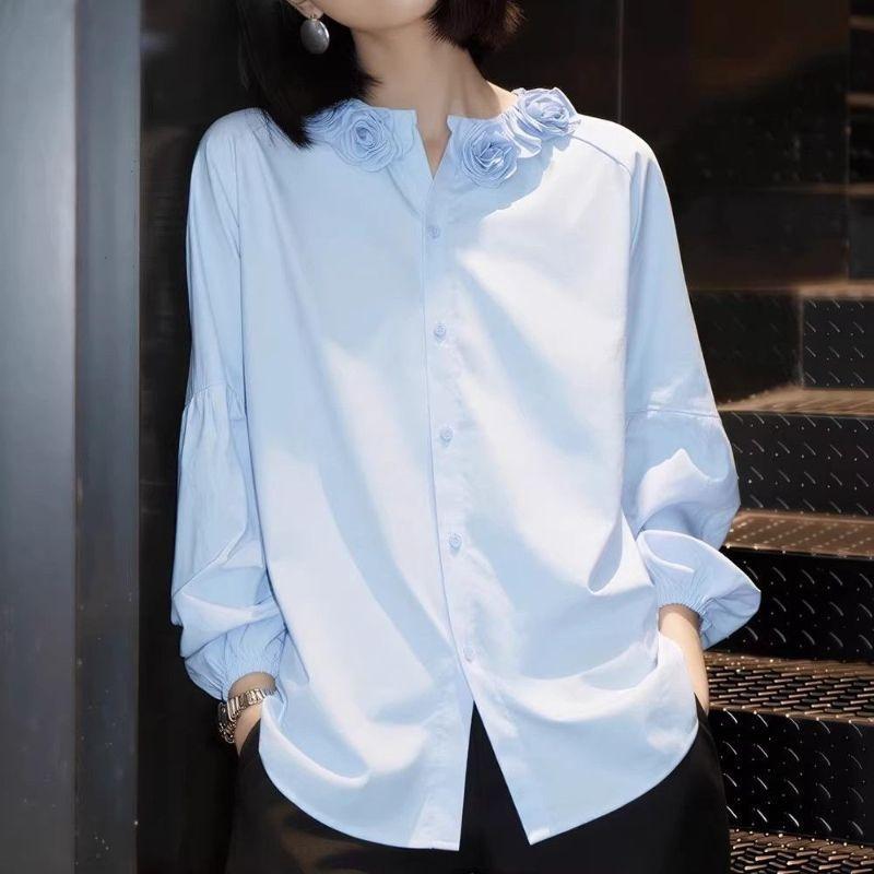 

Solid Color Front Open Women s Shirt Loose Round Neck Three-dimensional Flower Design Single Breasted Blouse Fashionable Casual Lady Long Sleeved Top M синий