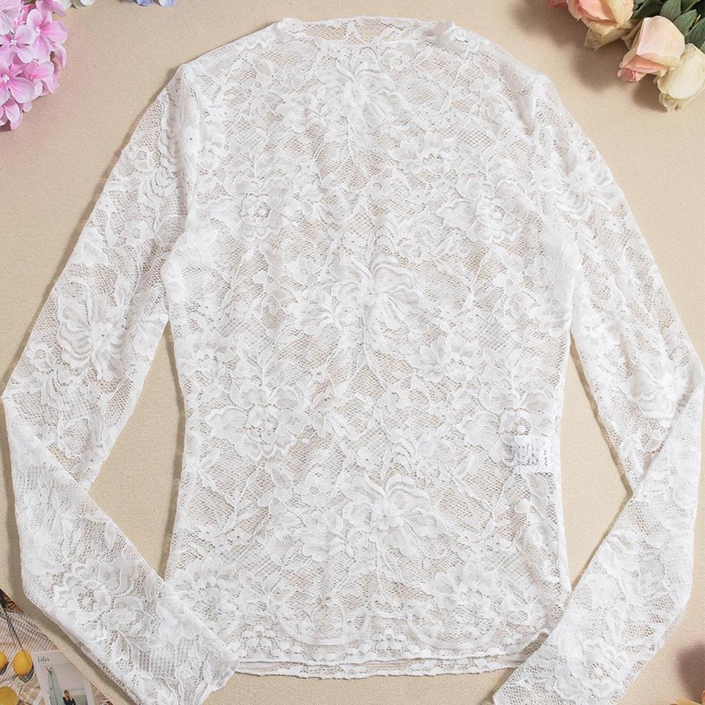 Haut Sexy en Dentelle Transparent à Manches Longues Coupe Ajustée Automne 2025 pour Femmes