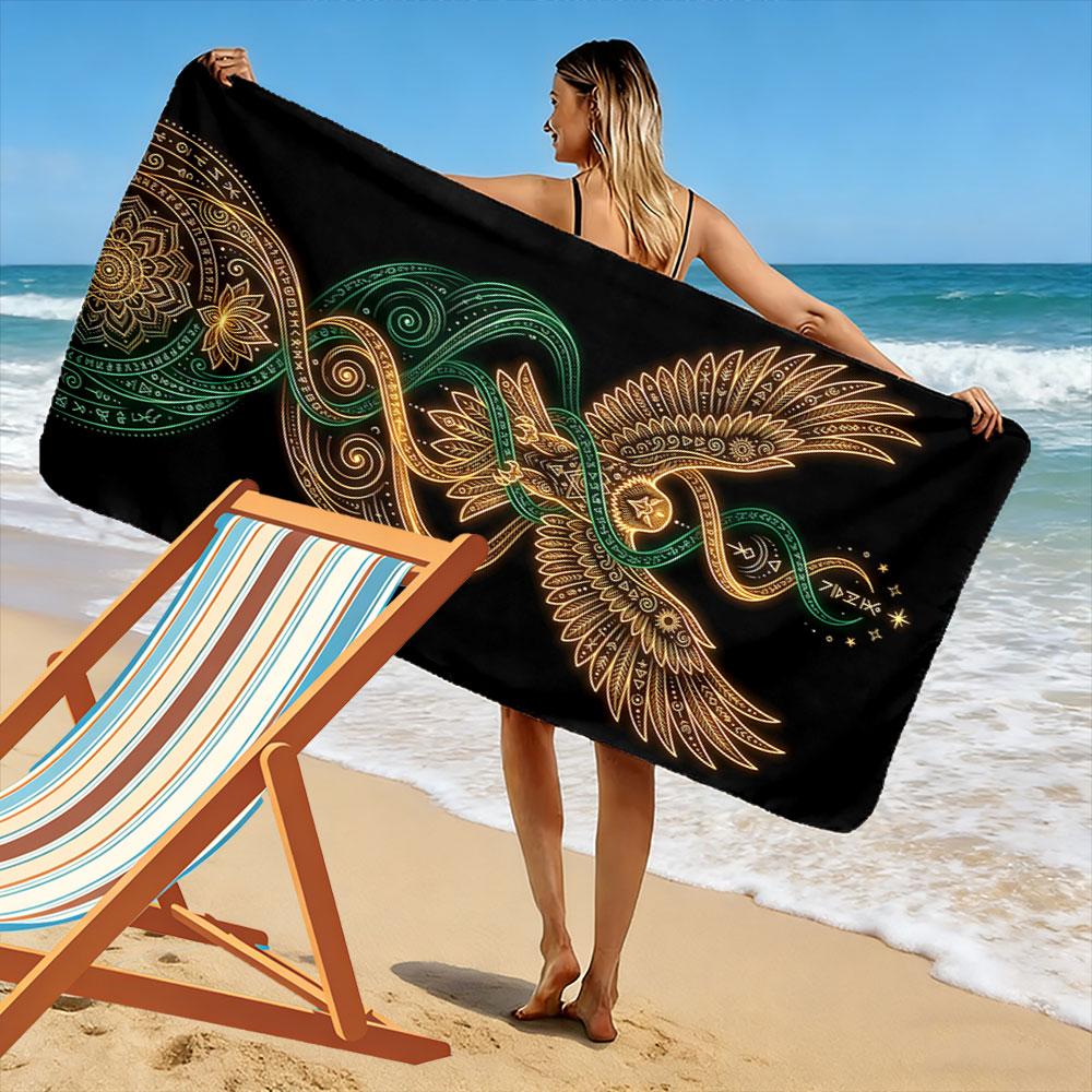 Radiant owl entwined energy Print beach towel, quick drying, suitable for travel, outdoor sports, jogging, the beach and swimming, gift