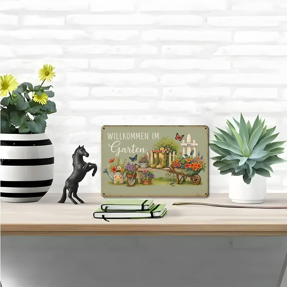 1pc Garden Metal Tin Sign, Willkommen Im Garten, Vintage Plaque Wall Art Decor For Yard Garden Porch, 20.07 X 29.97 Cm