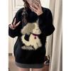 Autumn and Winter Crew Neck Pullover Black Lazy Wind Sweater Women's Soft Waxy Milk Ufu Loose Outer Wear Knitted Sweater Top