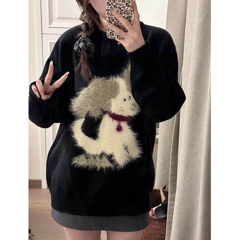 Autumn and Winter Crew Neck Pullover Black Lazy Wind Sweater Women's Soft Waxy Milk Ufu Loose Outer Wear Knitted Sweater Top