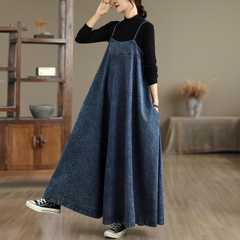 Women's French Retro Loose-Fit Denim Overalls Dress
