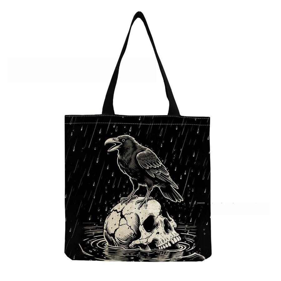 Women Vintage Linen Tote Bag - Large Capacity Skeleton Print Shoulder Handbag for Casual & Grocery Shopping KTB