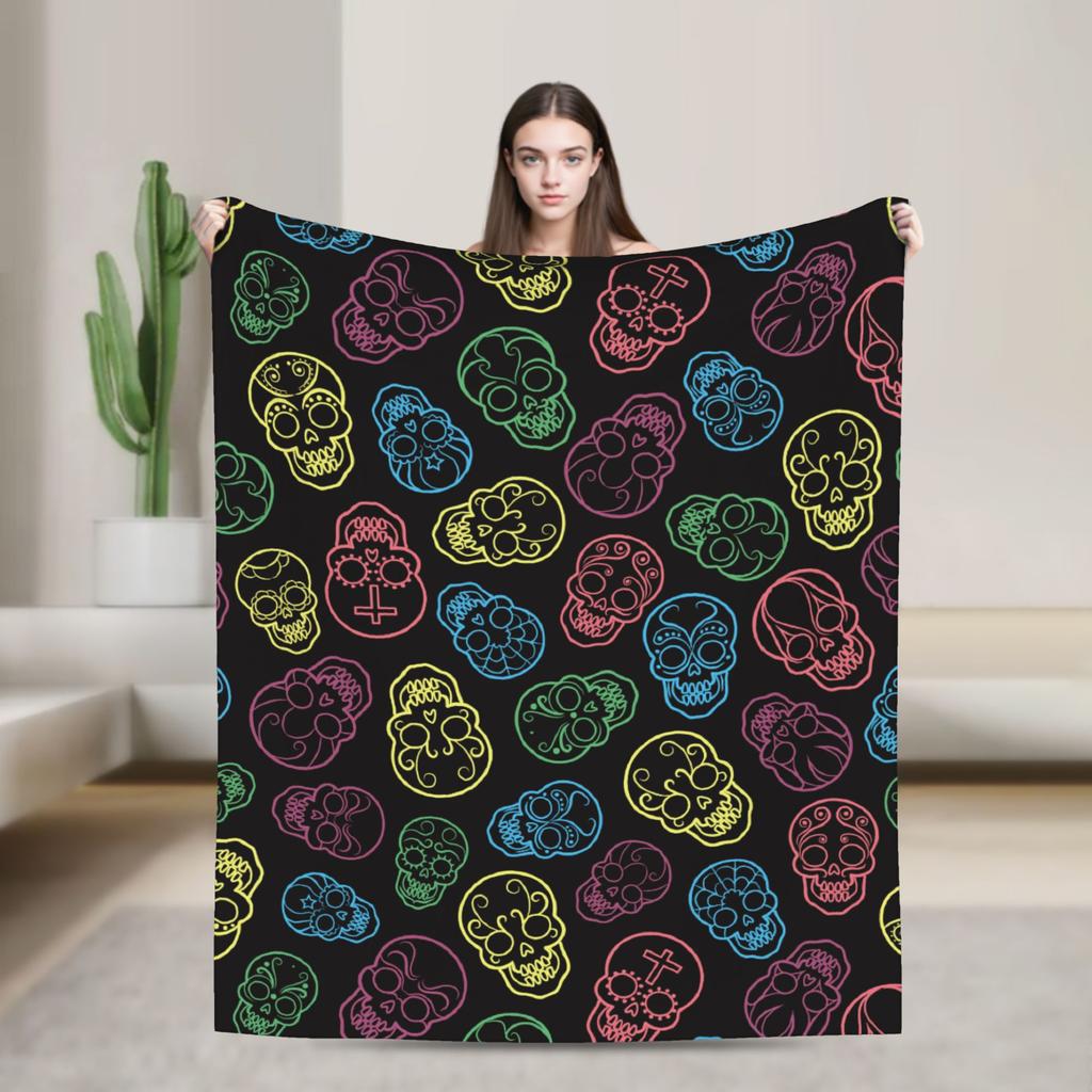 Sugar Skull Rose Halloween Knitted Blanket Flannel Gothic Day of the Dead Warm Throw Blankets for Bed Bedspread