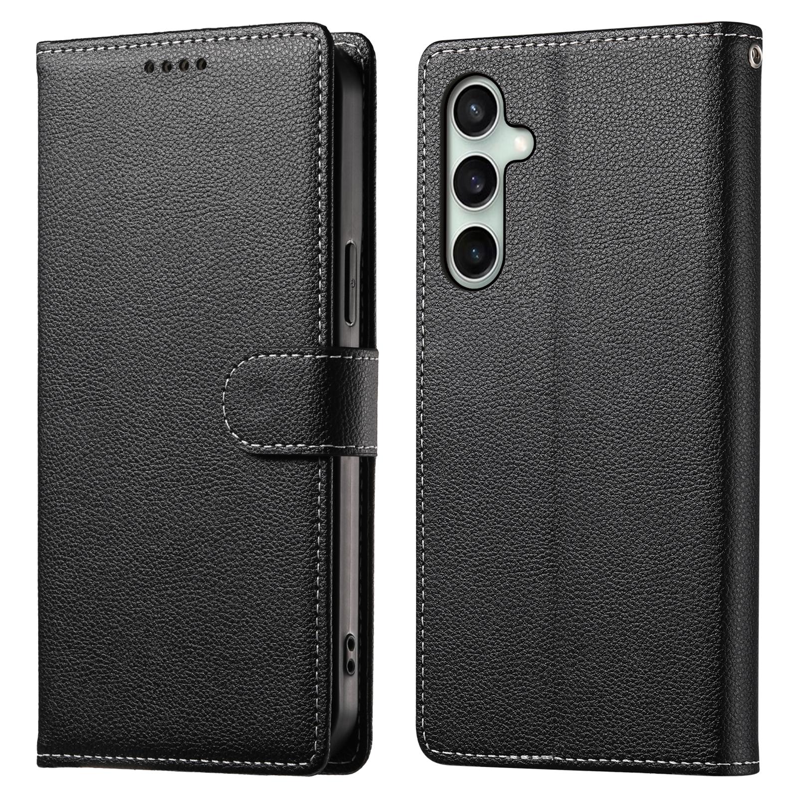 

DF-012 Чехол для Samsung Galaxy S24 FE Кожа с текстурой личи Магнитная застежка Кошелек Подставка Чехол для телефона с ремешком на запястье Black