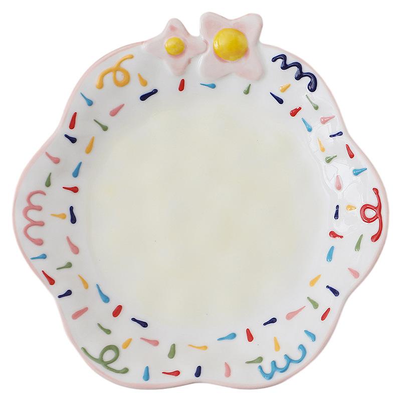 Hand-Painted Relief Flower Ceramic Plate, Breakfast Plate, Dessert Plate, Household Dish Plate, Cute Fruit Plate, Pasta Salad Plate