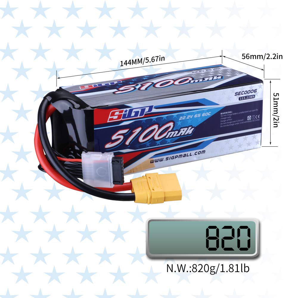 SIGP 6S 22.2V LiPo 5100mAh 60C with XT90 Plug for Remote Control Aircraft, Quadcopter, Drone, FPV, Helicopter Racing Hobbies
