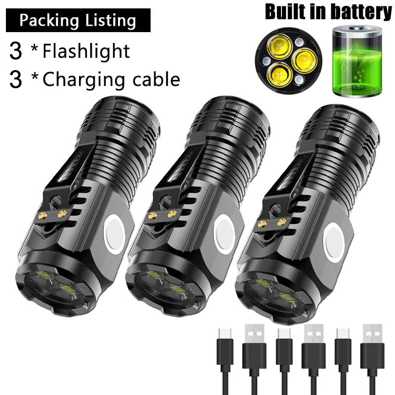 New Upgrade Mini 3LED Flashlight With Pen Clip And Tail Magnet,Builtin Battery USB Charge Outdoor Portable Torch Emergency Lamp