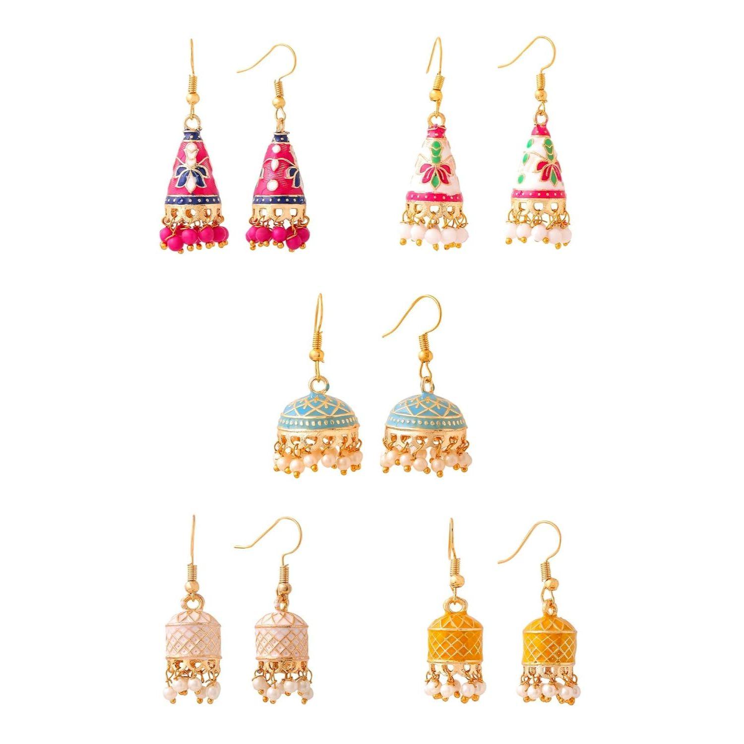 Jhumka Earrings for Women | Jhumki Earrings Set for Girls | Combo of 5 Pairs Jhumkas Ethnic Gold Plated Women Earrings | Chic Reverie