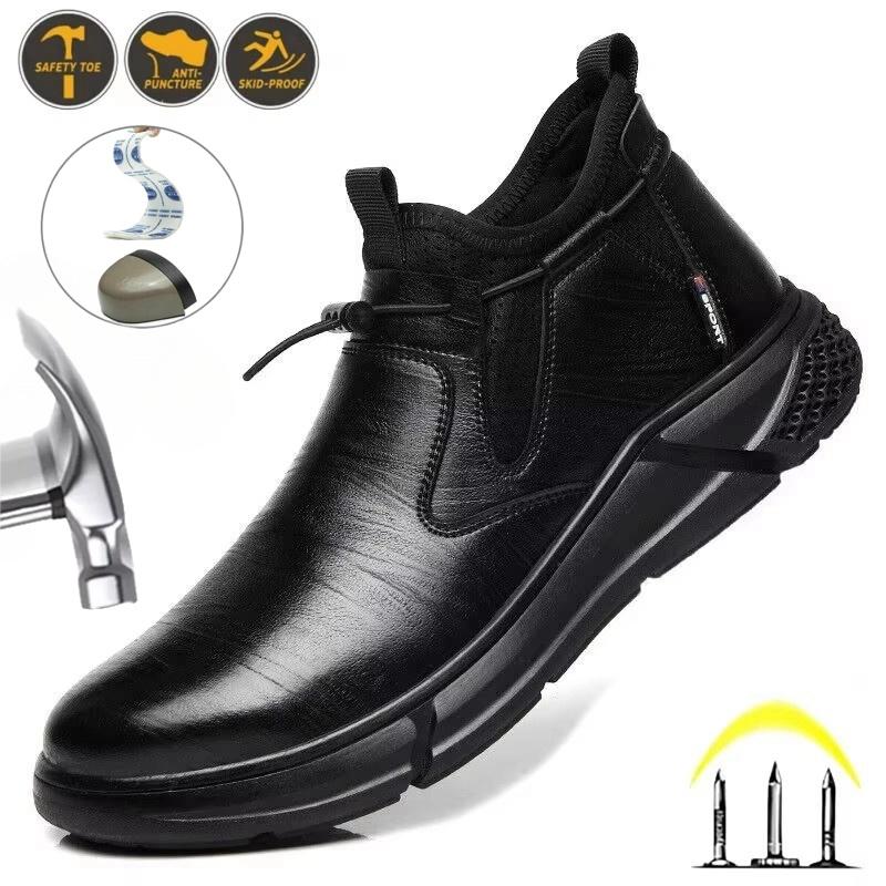 Fashion Leather Safety Shoes Men Work Steel Toe Caps Male Indestructible Work Boots Protective Shoes Puncture-proof Shoes