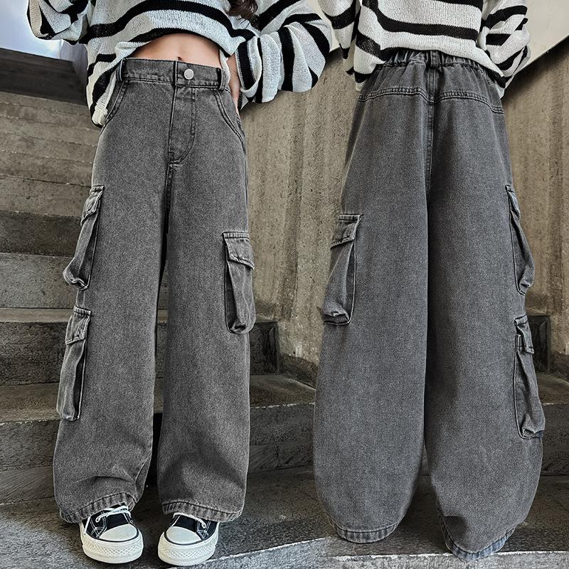 Pantalones vaqueros cargo de pernera ancha para adolescentes, moda de primavera-otoño, pantalones vaqueros casuales para niños, escuela, niños pequeños, pantalones rectos holgados, 15Y