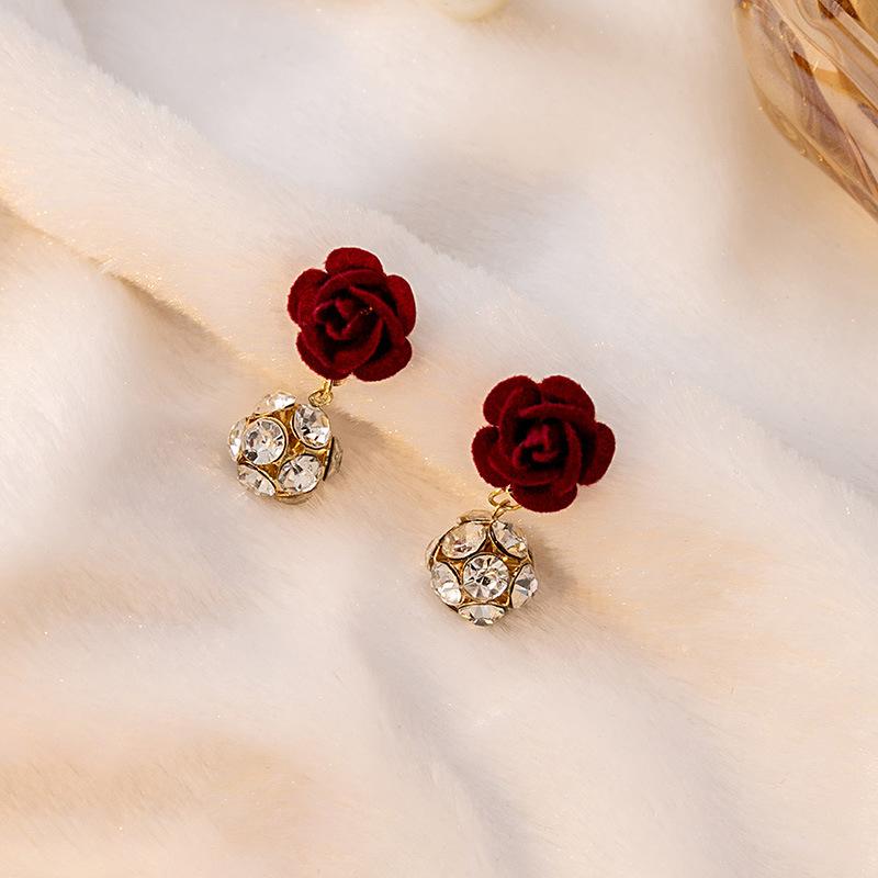 Осенние и Зимние Ретро Серьги-Банты Бордового Цвета, Красные Бархатные Серьги-Сердечки, Круглые Серьги с Фианитами Для Женщин