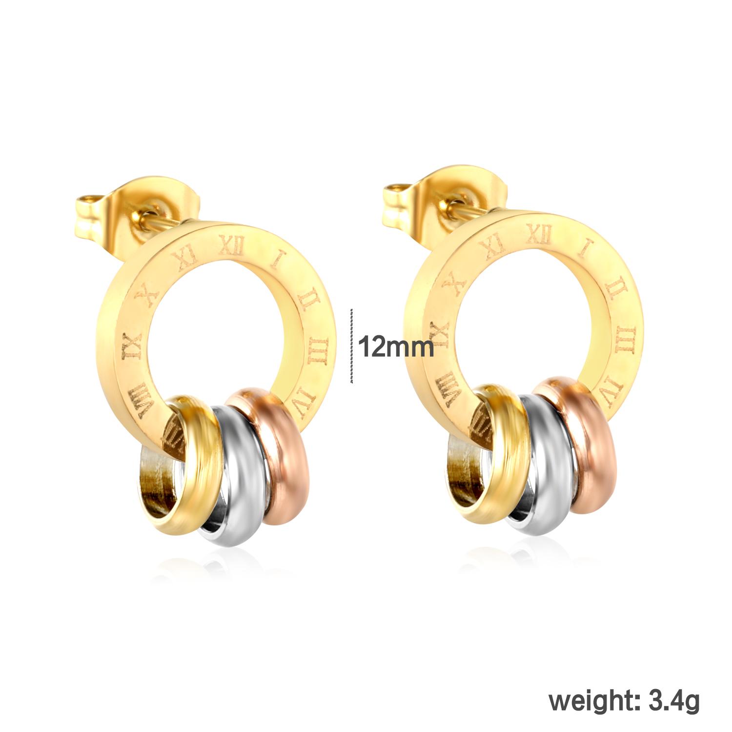 Personalized Luxury Roman Numeral Hollow Circle Earrings for Women, Fashion Gold-Plated Stainless Steel Round Earrings