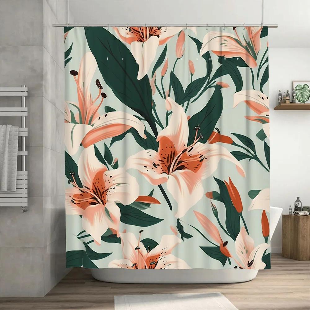 Botanical pink and Orange Lilies Waterproof Shower Curtain-Lush Green Leaves Soft Gradient, Modern Bathroom Decor