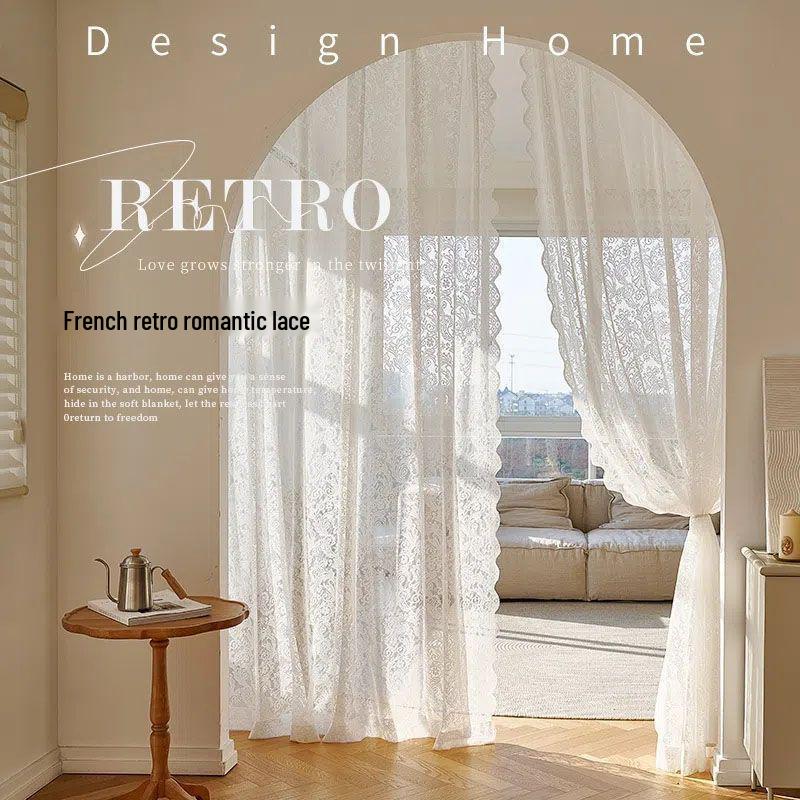 Telescopic Rod French Lace Gauze Curtains for Bedroom, Bay Window, Balcony, & Door