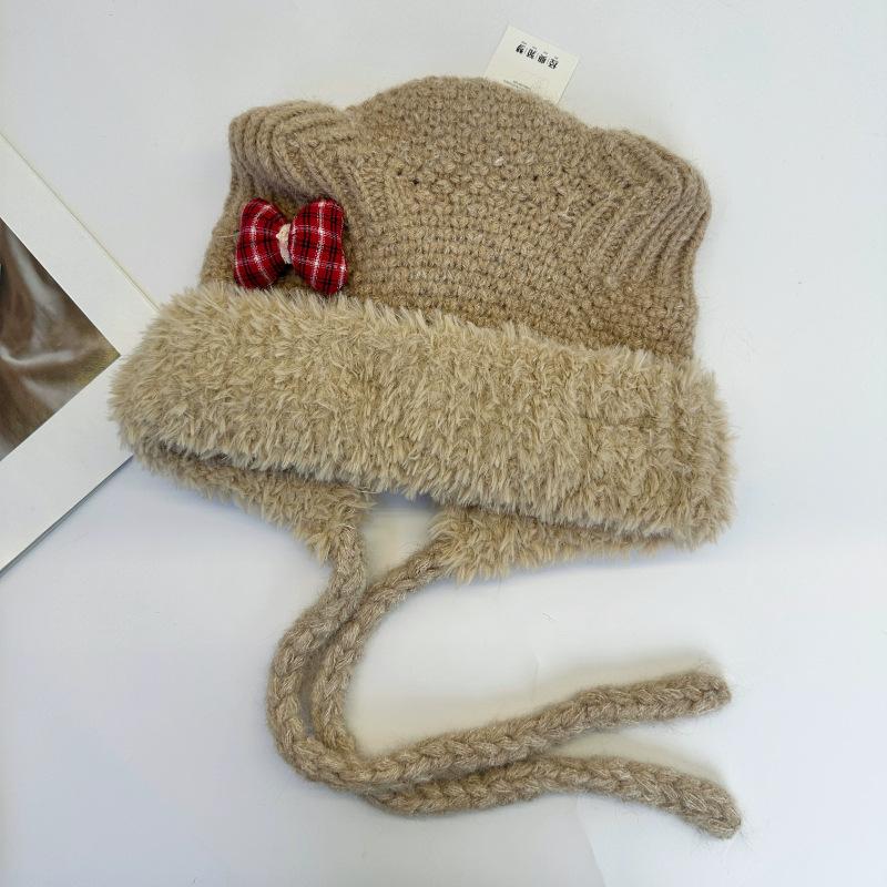 Cute Bear Ears Bow Knitted Lei Feng Hat Children's Winter Big Head Circumference Warm Ear Protective Wool Hat