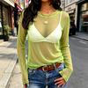 Women Long Sleeve Sheer Mesh Top Round Neck Transparent Blouse Lightweight Slim Fit Stretchy Shirt for Casual Wear