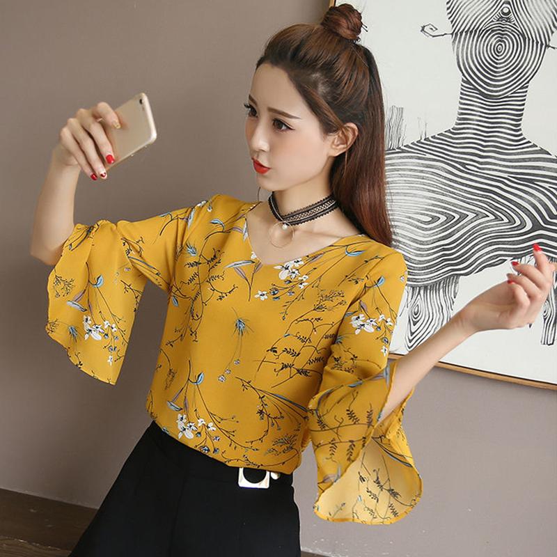 Spring and Summer Women's Short-sleeved Chiffon Shirt Tops with Trumpet Sleeves Slimming Bottoming Shirt