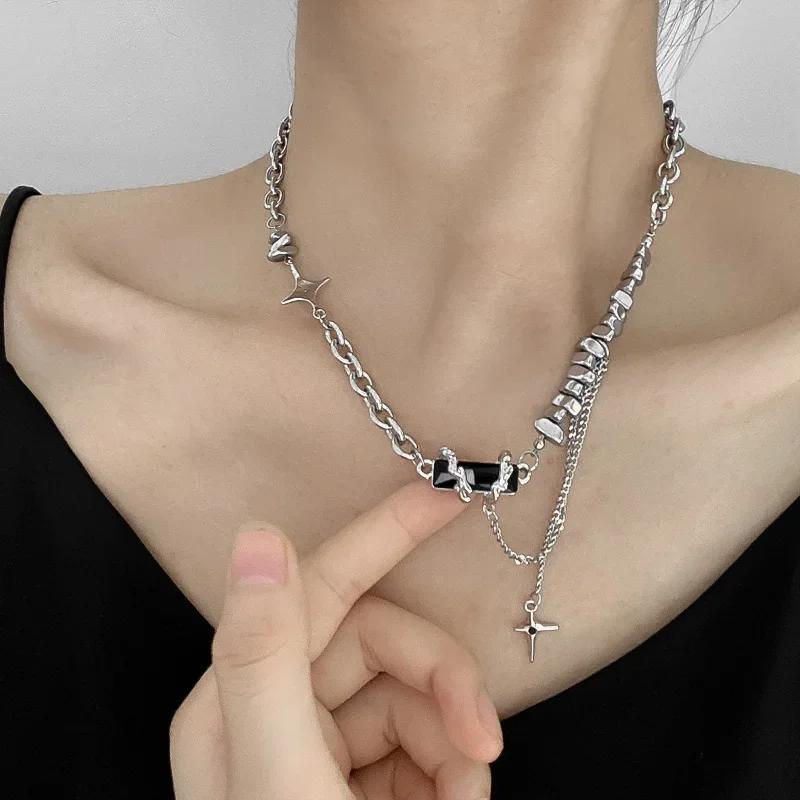 Punk Vintage Cross Star Crystal Beaded Collar Pendant Necklace for Women Personality Baroque Pearl Chain Hip Hop Rock Jewelry
