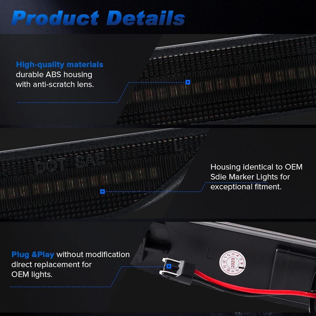 LED Side Marker Lights Compatible with 2015- Mustang S550 GT, Rear Dynamic Startup Side Markers, Rear Fender Markers Lamps Assembly, Smoked Len Red