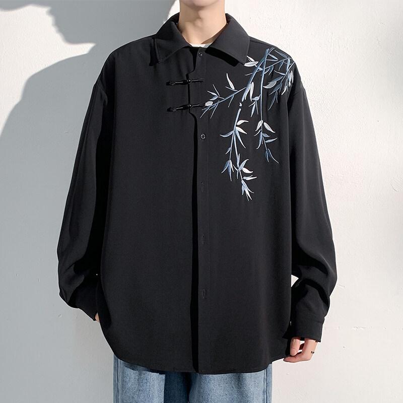 

Men Loose Fit Embroidered Floral Casual Shirt Streetwear Oversized Comfortable Spring Summer Fashion Trendy Stylish Top Apparel 3XL чорний