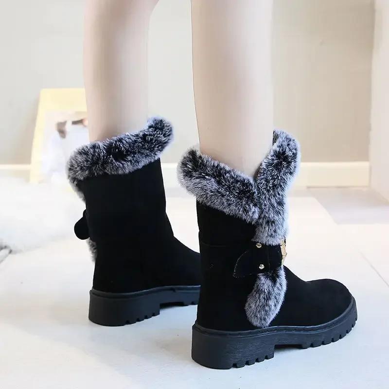 Fashion Chunky Suede Black Round Toe Half High Shoes for Woman Mid Calf Women's Snow Boots Platform Elegant and Fashion Winter Footwear