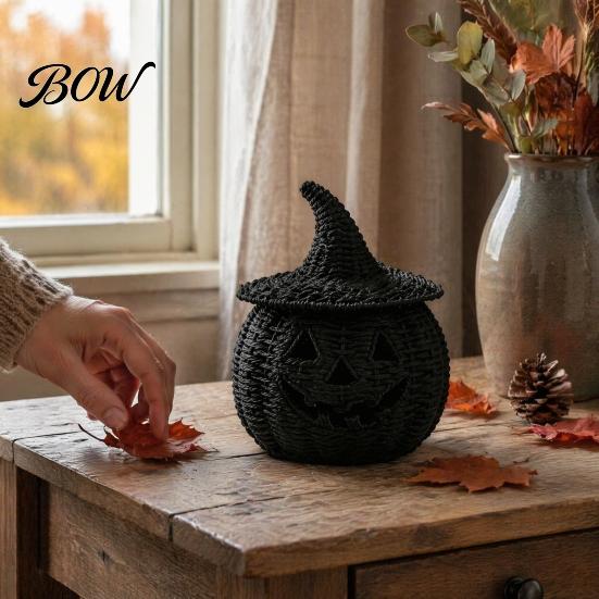 Halloween Pumpkin Figurine Faux Rattan Figurine, Black Resin Statue with Witch Unique Matte Hat, Rustic Wicker Tabletop Ornament for Party Home