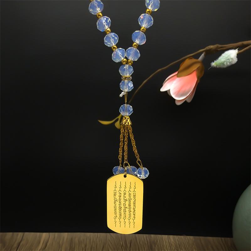 Thailändische Buddhistische Schriftzeichen Anhänger für Auto, Anhänger für Damen Herren Edelstahl Goldfarbe Religion Glaube Kristallkette Schmuck