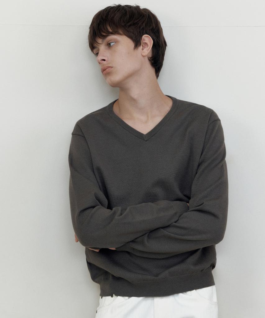 WEDNESDAY OASIS Washable Soft V-Neck Knit_Khaki Brown(Wcb6Kn104)