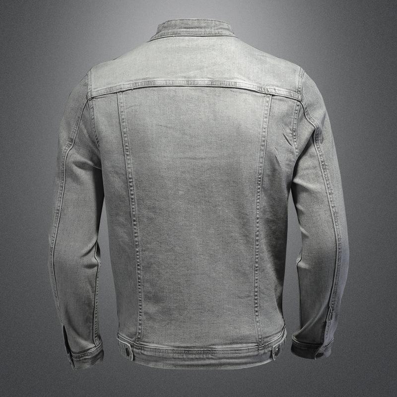 High Quality Elastic Zipper Denim Jacket for Men, Washed and Fried Sand Gray Slim Fitting Fashion Jacket for Men