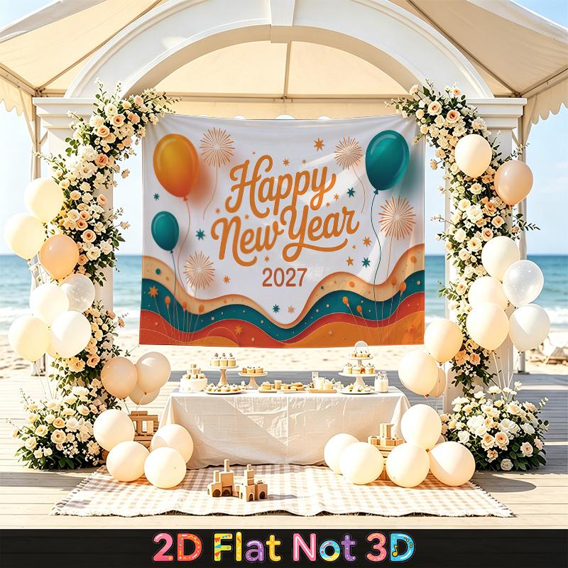 Party Backdrop New Year Fireworks Balloon Orange Flat Festive Teal Multi Layered Celebration Photo Booth Front Door Decor