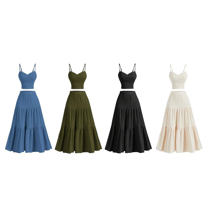 Women Solid Color Dress Set Camisole Top and A-line Long Skirt