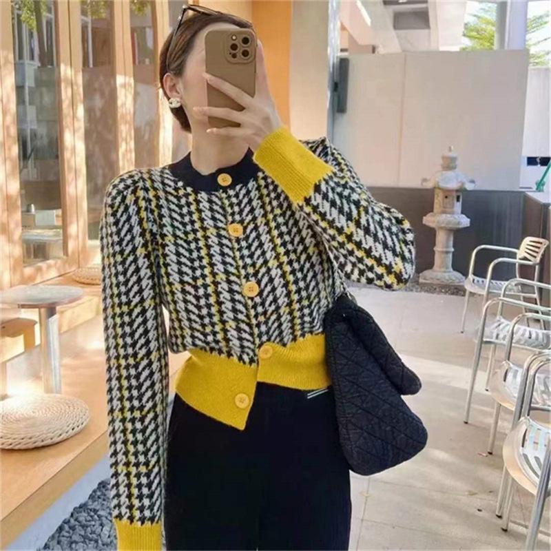 Cardigan Feminino Outono Novo Solto Gola Redonda Thousand Birds Check Manga Comprida Cardigan De Malha Casaco Suéter Trespassado