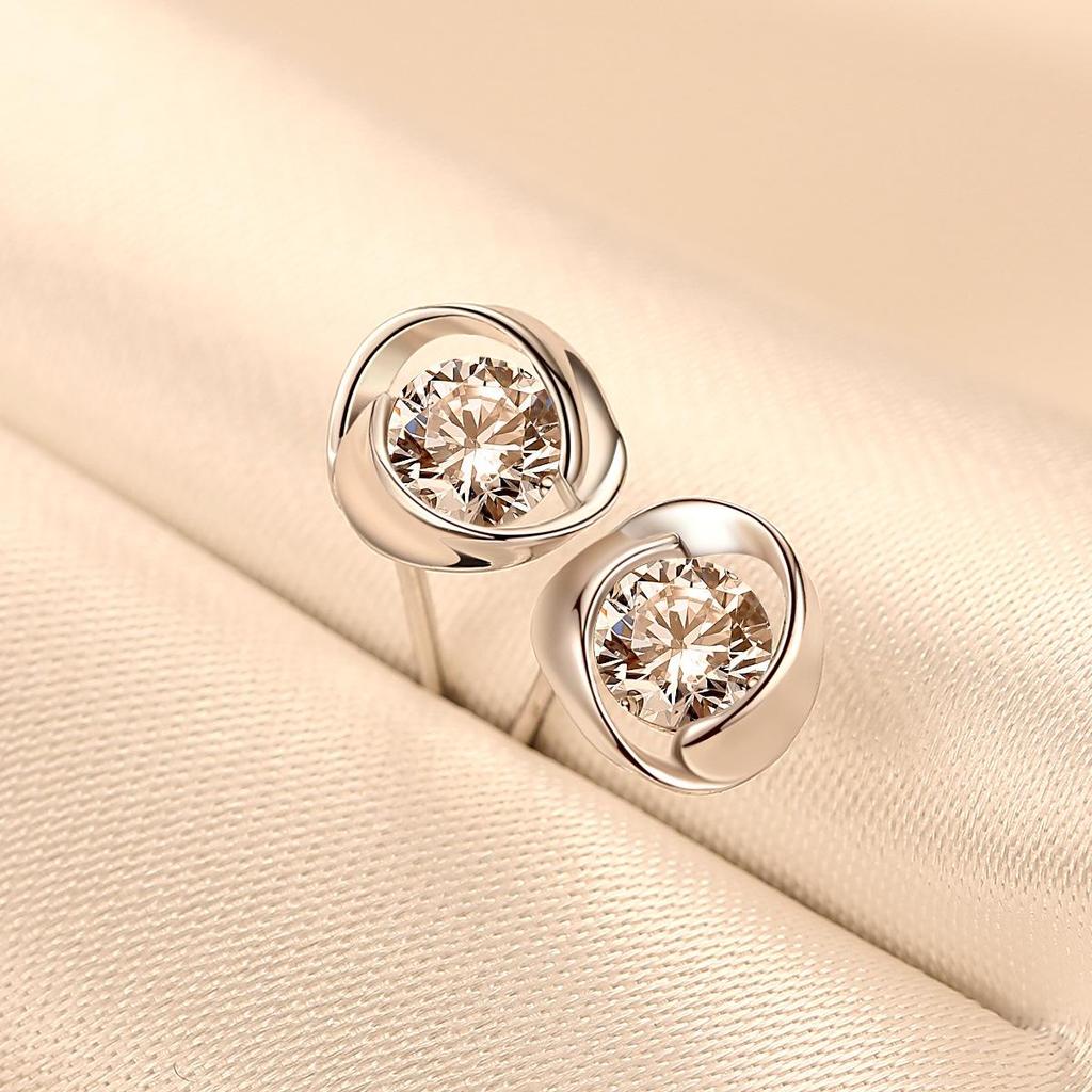 PAG&MAG Korean Style 925 Silver Stud Earrings with Round Zircon and Rotating Pinwheel Design for Women