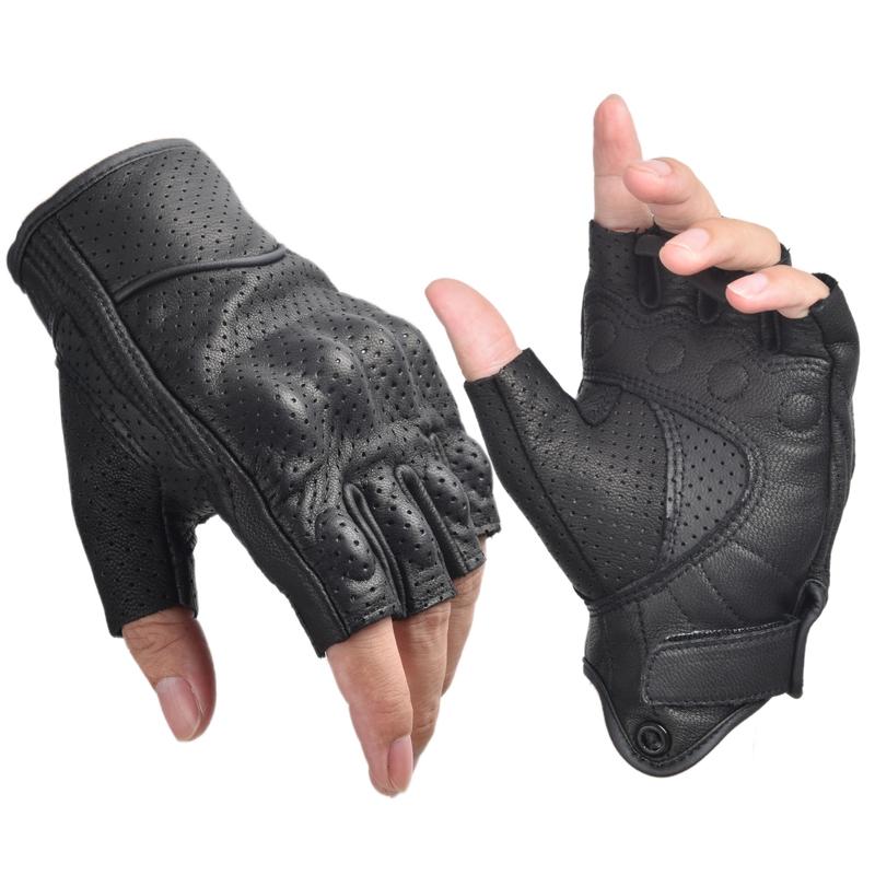Motorcycle Gloves Perforated Genuine Leather Motor Riding Gloves Half Finger for Men Women Fingerless Summer Gloves Black S