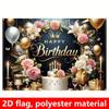 2D Schwarz Gold Happy Birthday Kulisse, Elegante Blumige Kuchen & Krone Party Hintergrund