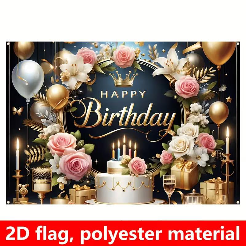 2D Schwarz Gold Happy Birthday Kulisse, Elegante Blumige Kuchen & Krone Party Hintergrund