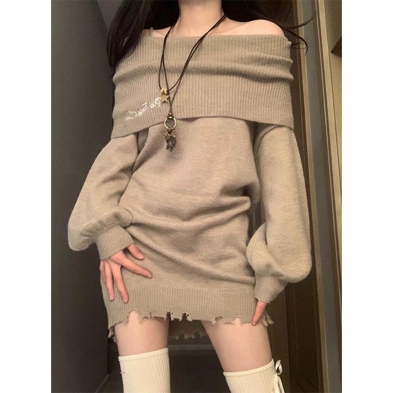 Elegant Designer One-Shoulder Knit Bodycon Dress for Women, Mid-Length, Versatile for Autumn and Winter Small хаки