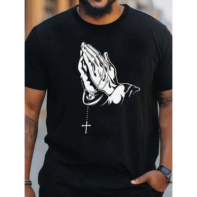 Men'S Soft Prayer Hands Graphic T-Shirt - Black with Praying Hands & Cross Print, Loose Fit Casual Short Sleeve Round Neck Tee for Casual Attire,