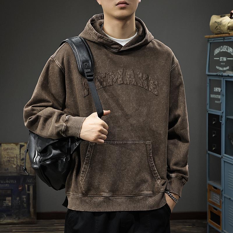 Autumn Retro Washed Patch Hooded Men'S Sweater Heavy Loose Top American Trendy Casual Jacket