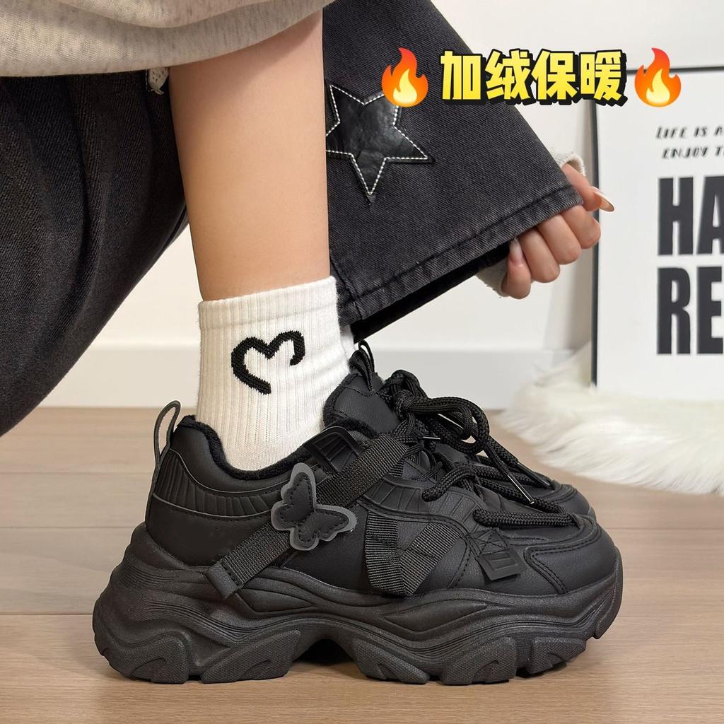 Fleece thickened dad shoes women's thick-soled heightening two cotton shoes versatile student sports shoes