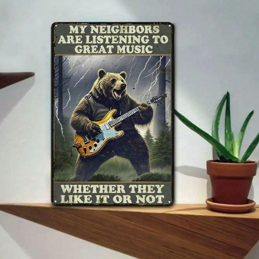 Metal Poster Vintage Guitar Bear 8x12 Inch Music Wall Art for Bar Pub Garage